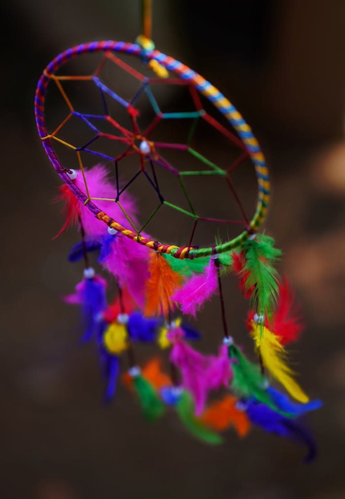 A colorful dream catcher with vibrant feathers against a blurred background.